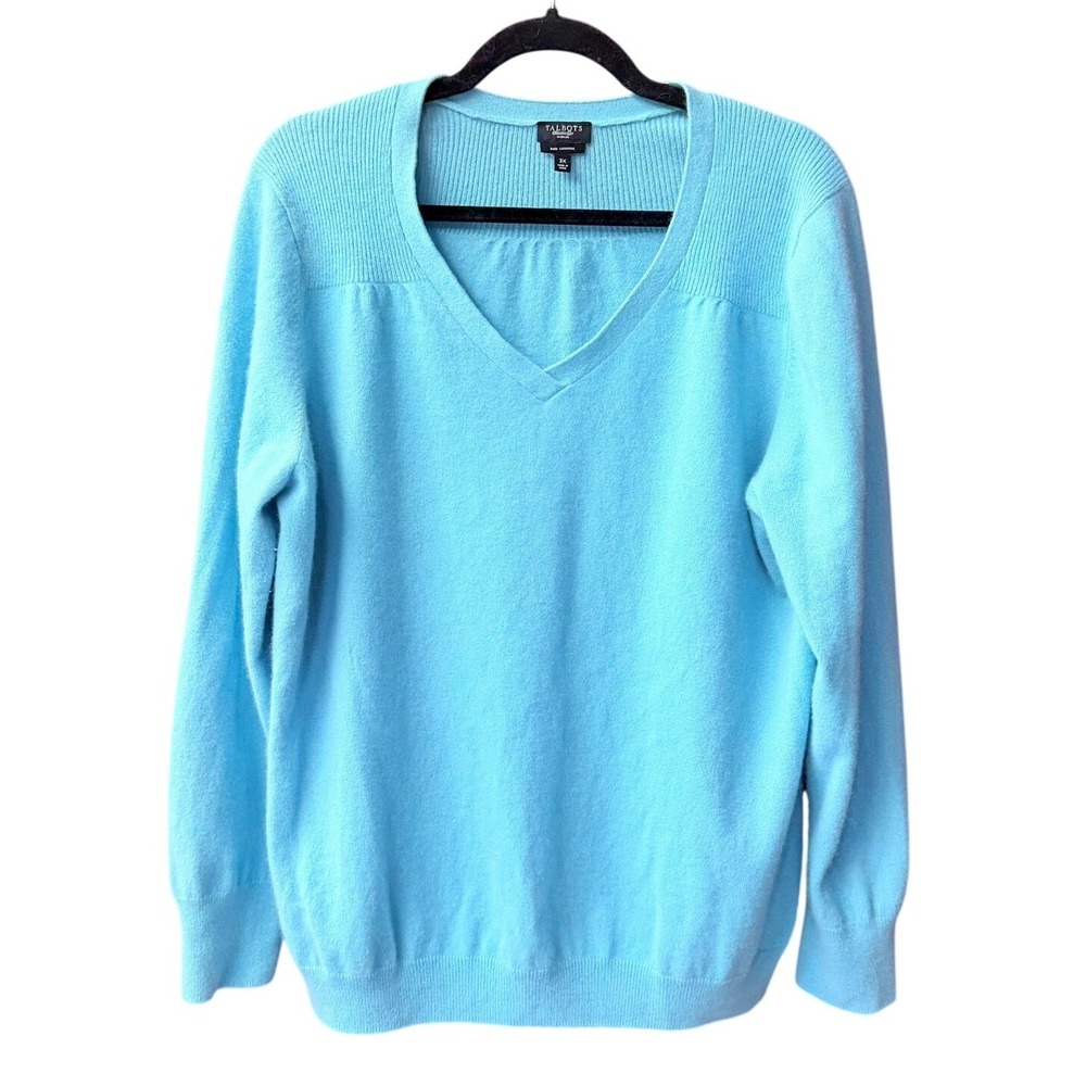 Talbots Cashmere Sweater Women 3X Blue Pure V-Neck Ribbed Yoke Pullover Heritage